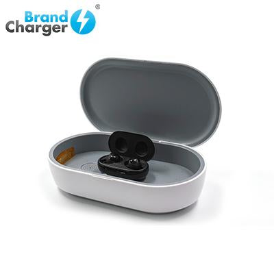 Open BrandCharger UV unit with an earbud charging case placed inside the chamber