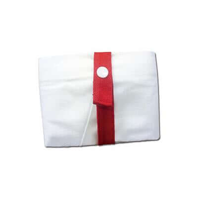 Canvas tote folded into a small rectangle and held closed by a red strap with a white press stud