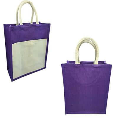 Purple jute tote front and back views with a natural canvas pocket and matching natural-colour handles