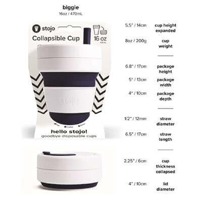 Stojo cup packaging and measurement diagram showing expanded and collapsed cup views