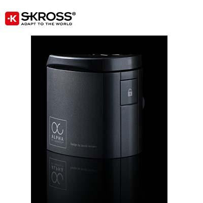 Rear view of black Alpha by SKROSS travel adaptor with Alpha logo and a side control marked with a lock symbol.
