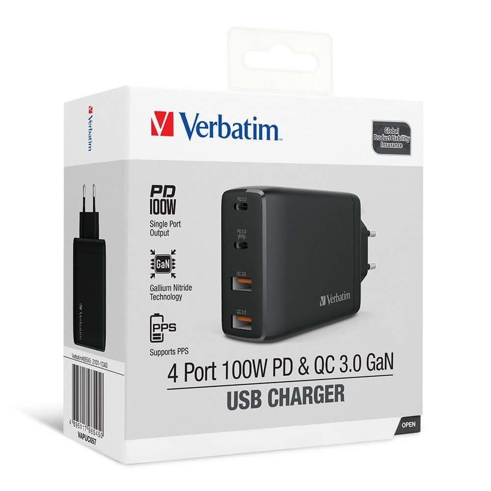 Verbatim 4 Port 100W PD 3.0 & QC 3.0 GaN USB Charger by Corporate Gift Store Singapore