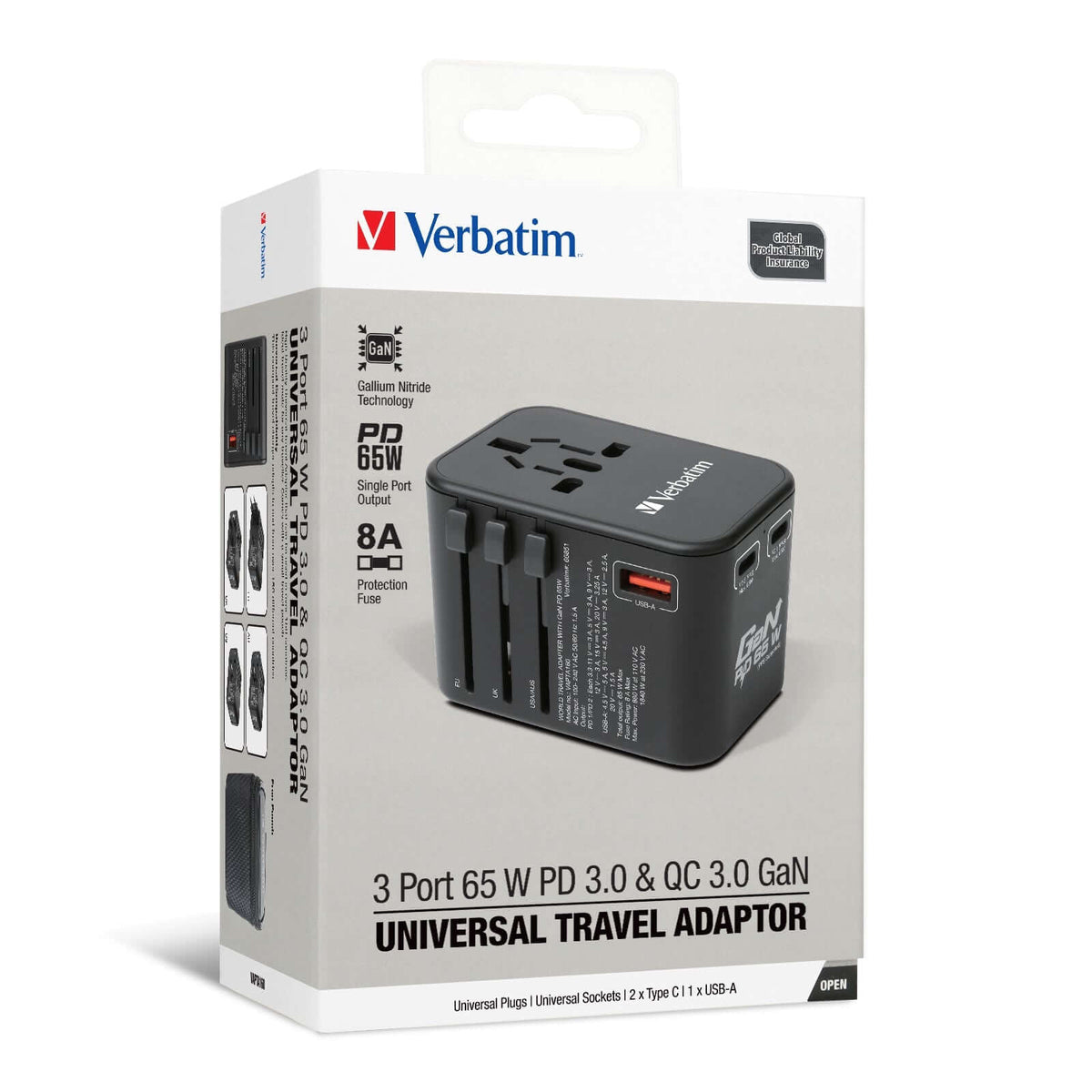 Verbatim 3 Port 65W PD 3.0 & QC 3.0 GaN Universal Travel Adaptor by Corporate Gift Store Singapore
