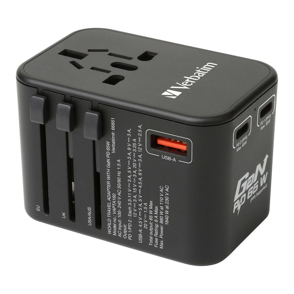 Verbatim 3 Port 65W PD 3.0 & QC 3.0 GaN Universal Travel Adaptor by Corporate Gift Store Singapore