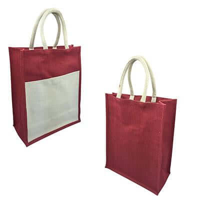 Red jute tote shown from front and rear angles with a canvas front pocket and side gusset