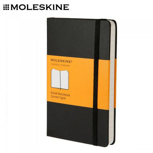 Black Moleskine Classic hard-cover ruled notebook with elastic closure and yellow paper band