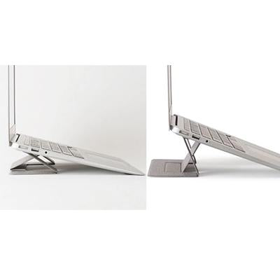 Two side views comparing the laptop stand’s lower and higher folded support positions
