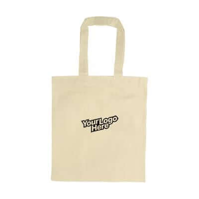 Beige canvas tote with two matching handles and an example logo position on the front