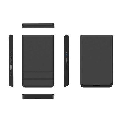 Black wireless charging phone stand shown folded flat from the front, back, sides and ends.