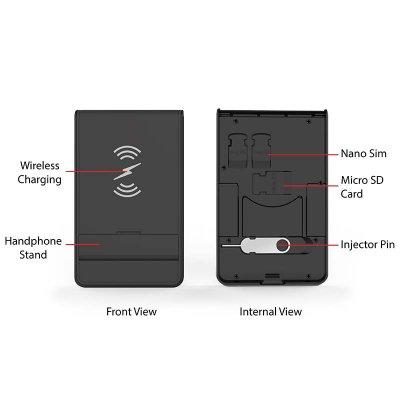Phone stand diagram labels the wireless charging face and internal slots for nano SIM, microSD card and ejector pin.