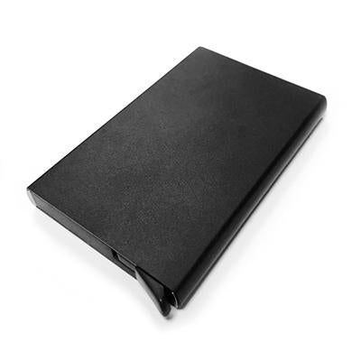 Black RFID card holder shown at an angle with metal case and lower release detail