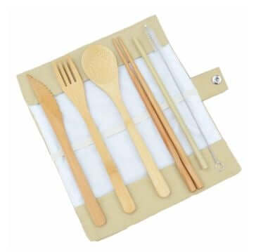 Simpler bamboo spoon, fork and knife arrangement pictured in a pale rectangular case