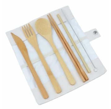 Bamboo spoon, fork and knife in a pale case with a projecting tab, illustrating an alternative pack arrangement