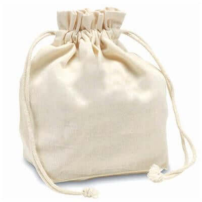 Cream canvas drawstring pouch with a gathered top and matching cords with knotted ends