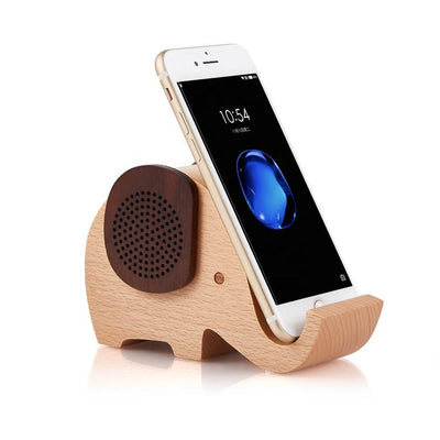 Eco Friendly Wooden Speaker with Phone Holder showcasing an elephant design, perfect for corporate gifts in Singapore.