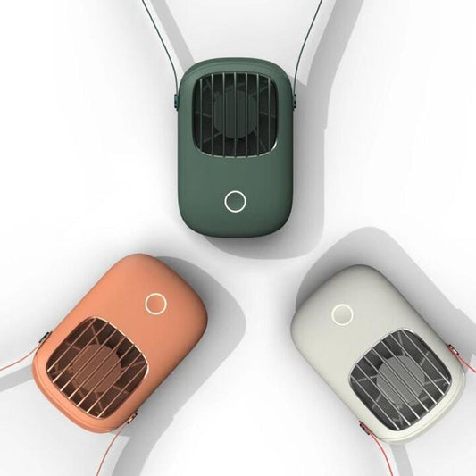 Dark-green, peach and off-white rectangular personal fans shown with neck straps and front grilles
