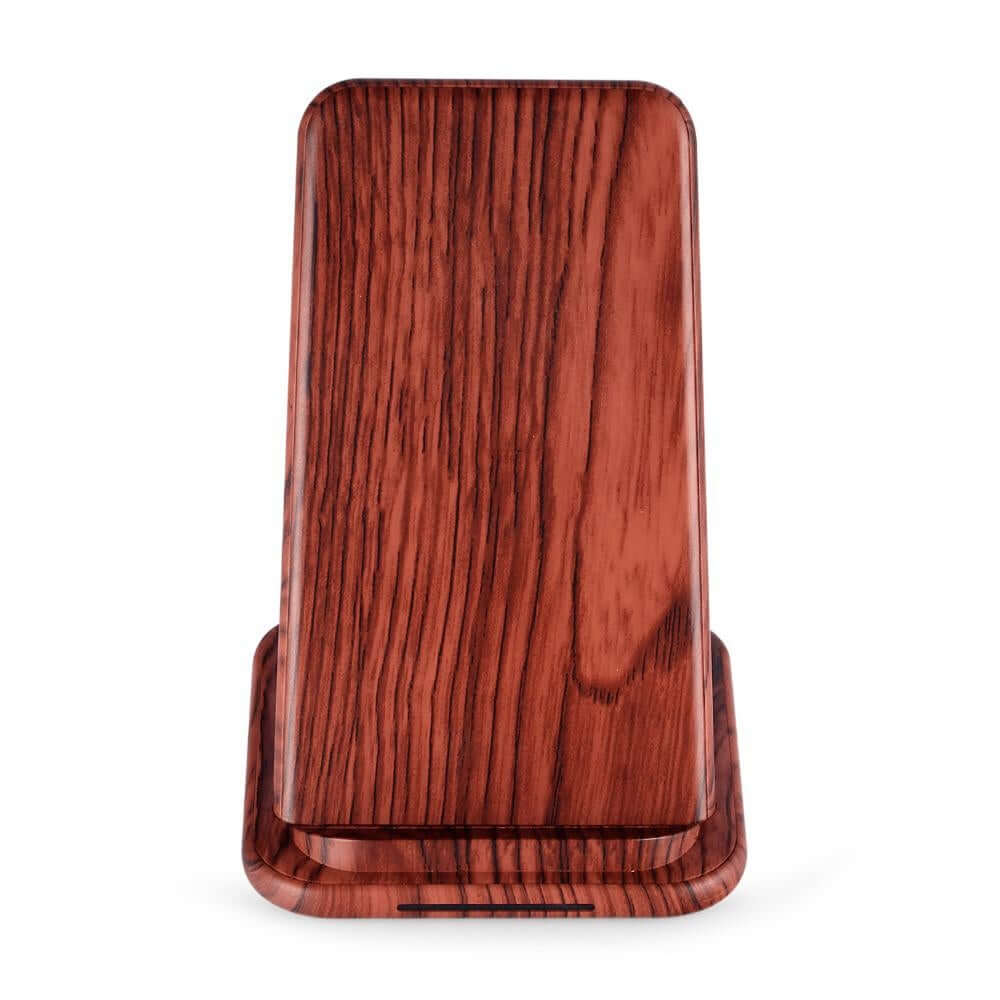Dark wood-look wireless charging stand viewed from the front with lower phone-rest ledge