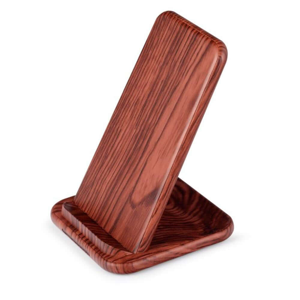 Dark wood-look wireless phone-charging stand, angled view of the upright support and base