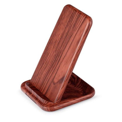 Dark wood-look wireless phone-charging stand, angled view of the upright support and base