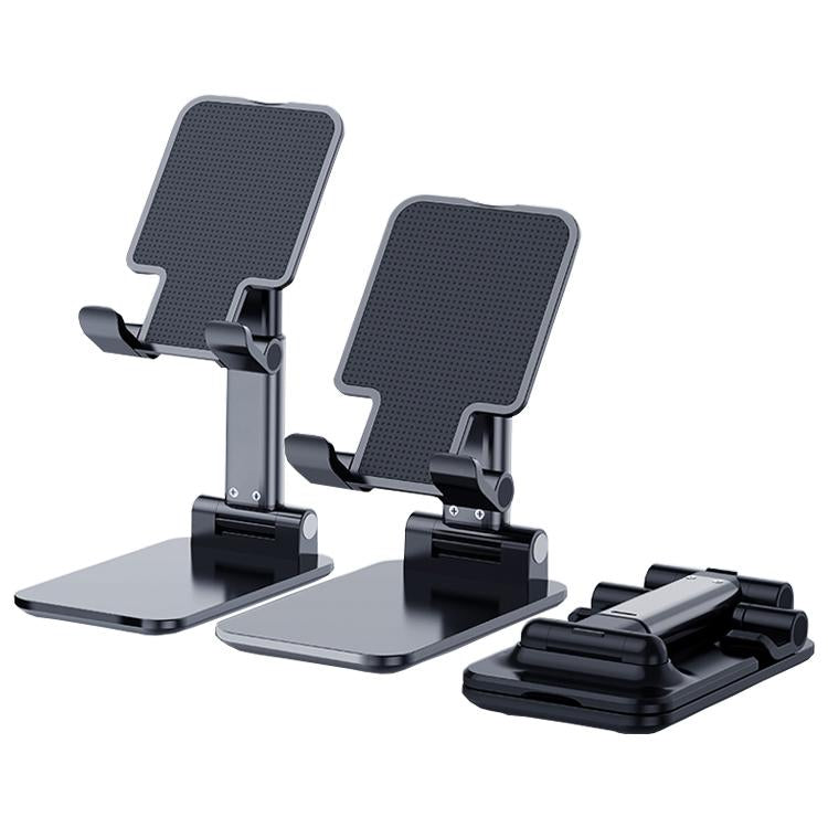 Black folding phone stand shown at two viewing positions and folded for storage