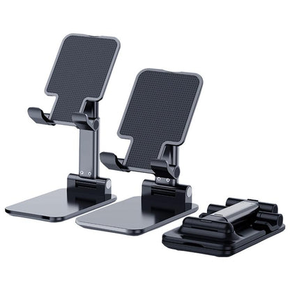 Black folding phone stand shown at two viewing positions and folded for storage