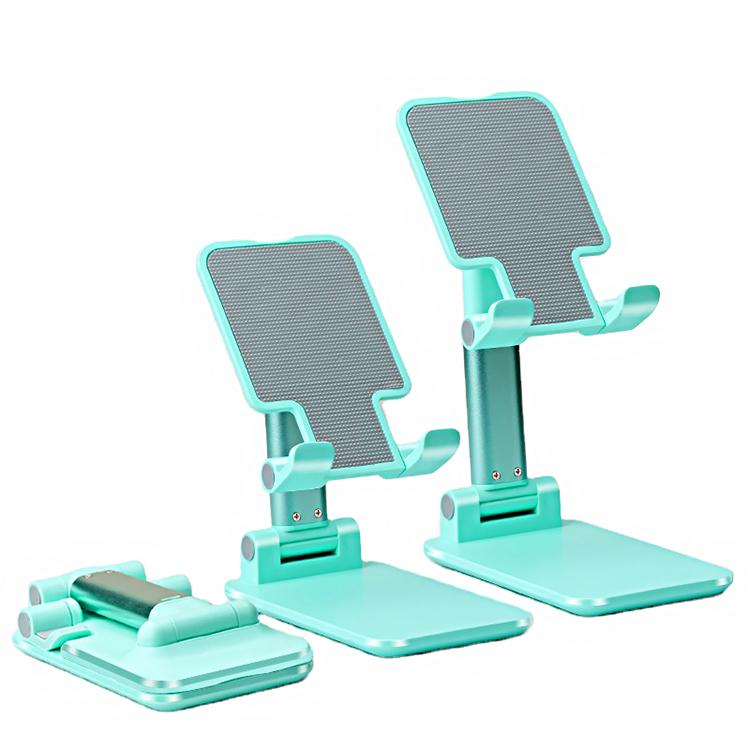 Mint-green folding phone stand shown extended, angled and folded flat