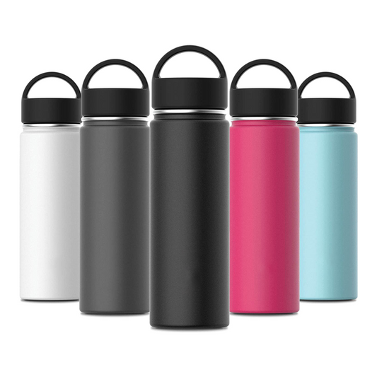 550ml cylindrical stainless steel flasks in white, grey, black, pink and light blue with black loop-handle caps