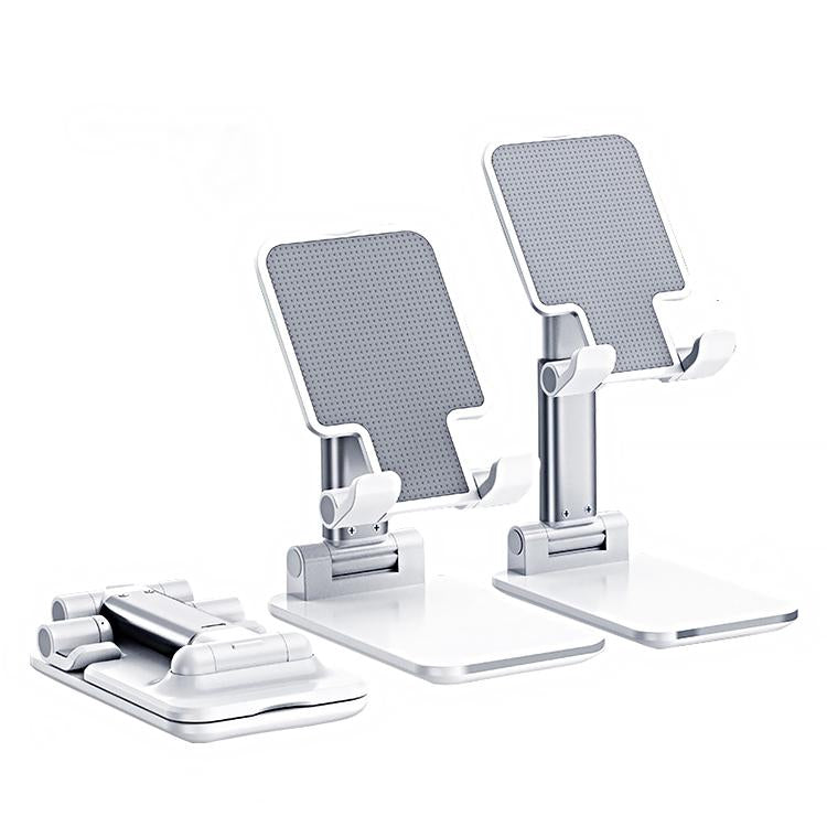 Silver-coloured folding phone stand shown extended, angled and folded flat
