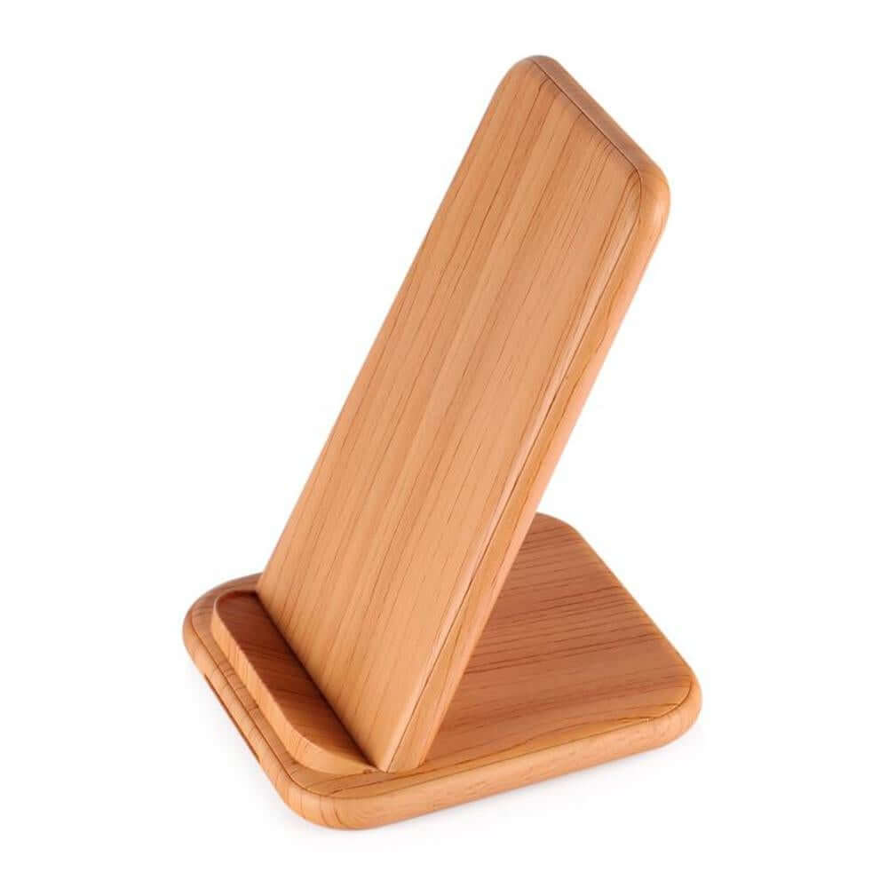 Light wood-look wireless phone-charging stand, angled view of the upright support and base