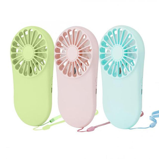 Green, pink and blue Mini Portable Hand Held Fans with rounded bodies, circular grilles and wrist straps