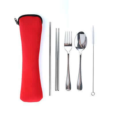 Stainless Steel Cutlery Set with Straw in Neoprene Pouch by Corporate Gift Store Singapore
