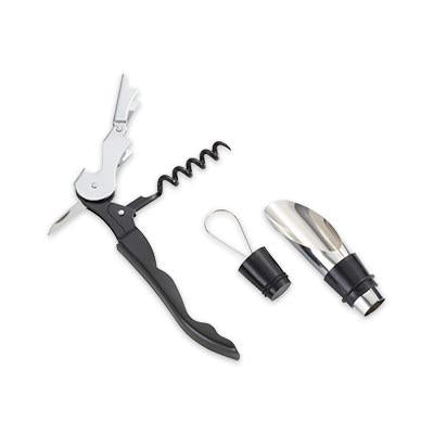 Belgio corkscrew wine opener beside the pourer and its removable cap
