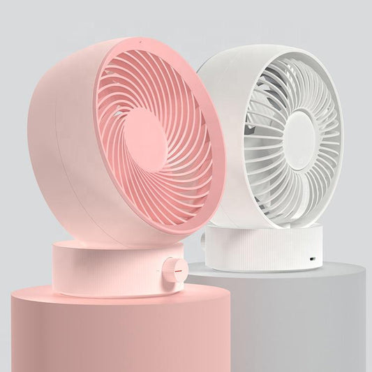 Pink and white mini table fans with circular grilles, cylindrical bases and a rotary control