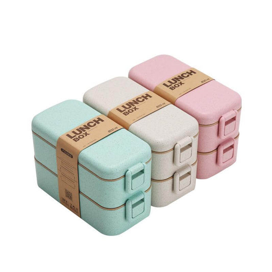 2-tier Wheat Straw Lunch Box with Fork and Spoon by Corporate Gift Store Singapore