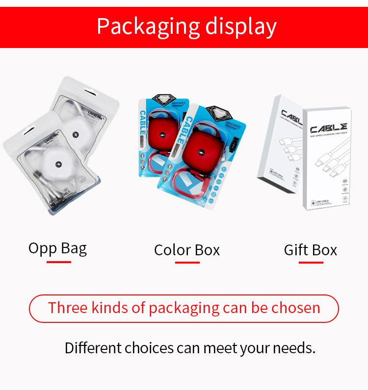 Retractable cable packaging reference showing clear pouches, blue retail packs and white gift boxes