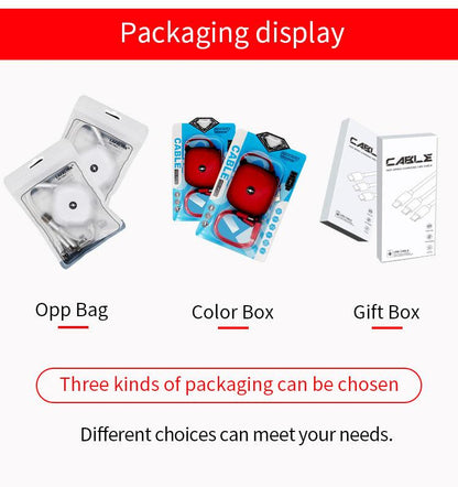 Retractable cable packaging reference showing clear pouches, blue retail packs and white gift boxes