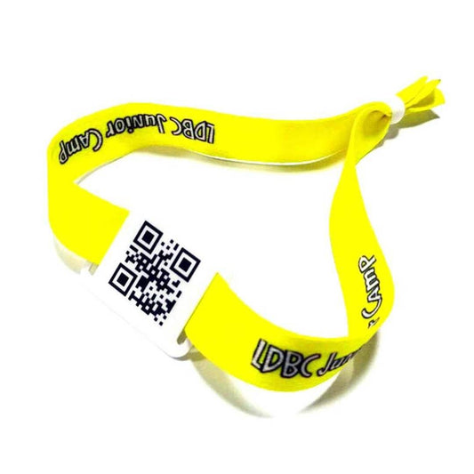 Fabric Wristband with QR Code for events, featuring bright yellow design and customizable branding options.