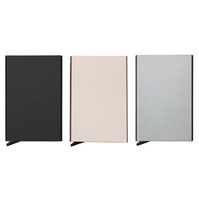 RFID metal card holder colour comparison showing black, gold-tone and silver cases
