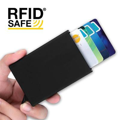 Black metal card holder held in hand with cards shown in a staggered arrangement