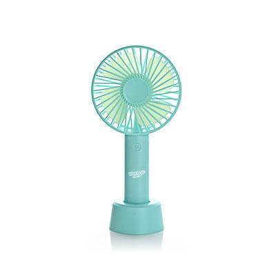 Mint-green handheld fan and stand showing front button and lower handle detail