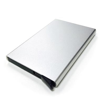 Silver metal RFID card holder shown at an angle with slim rectangular case