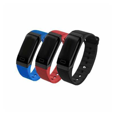 Fitness tracker bands with rectangular black displays and blue, red and black adjustable straps