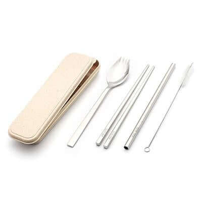 Travel spork, chopsticks, straw and cleaning brush laid out beside a beige case