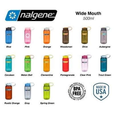 Nalgene 500ml Wide Mouth bottle colour chart showing fifteen bottle and loop-top cap combinations