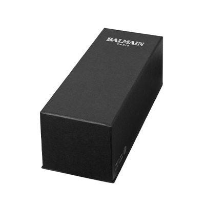 Closed black Balmain presentation box for the ballpoint and rollerball pen gift set