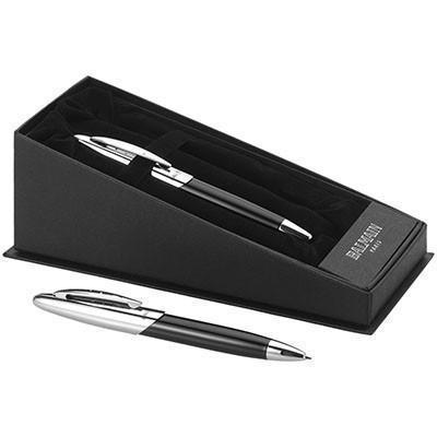 Two black-and-silver Balmain pens with an open black presentation box and fitted insert
