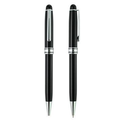 Two views of a black ball pen with silver-coloured clips, paired centre bands and tapered metal-coloured tips