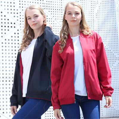 Black and red bomber jacket views on a model showing contrasting two-tone construction