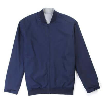 Navy bomber jacket laid flat showing full zip, collar, cuffs and hem