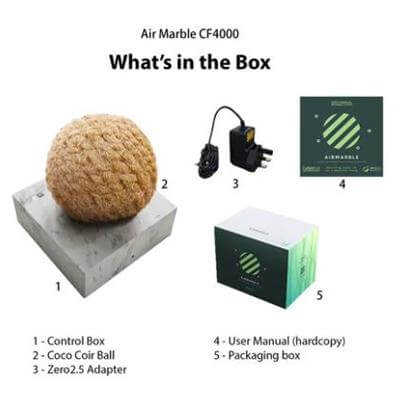 Zero2.5 Natural Fiber-based Negative Ionizer Air Marble CF4000 what's in the box with control box and coco coir ball.